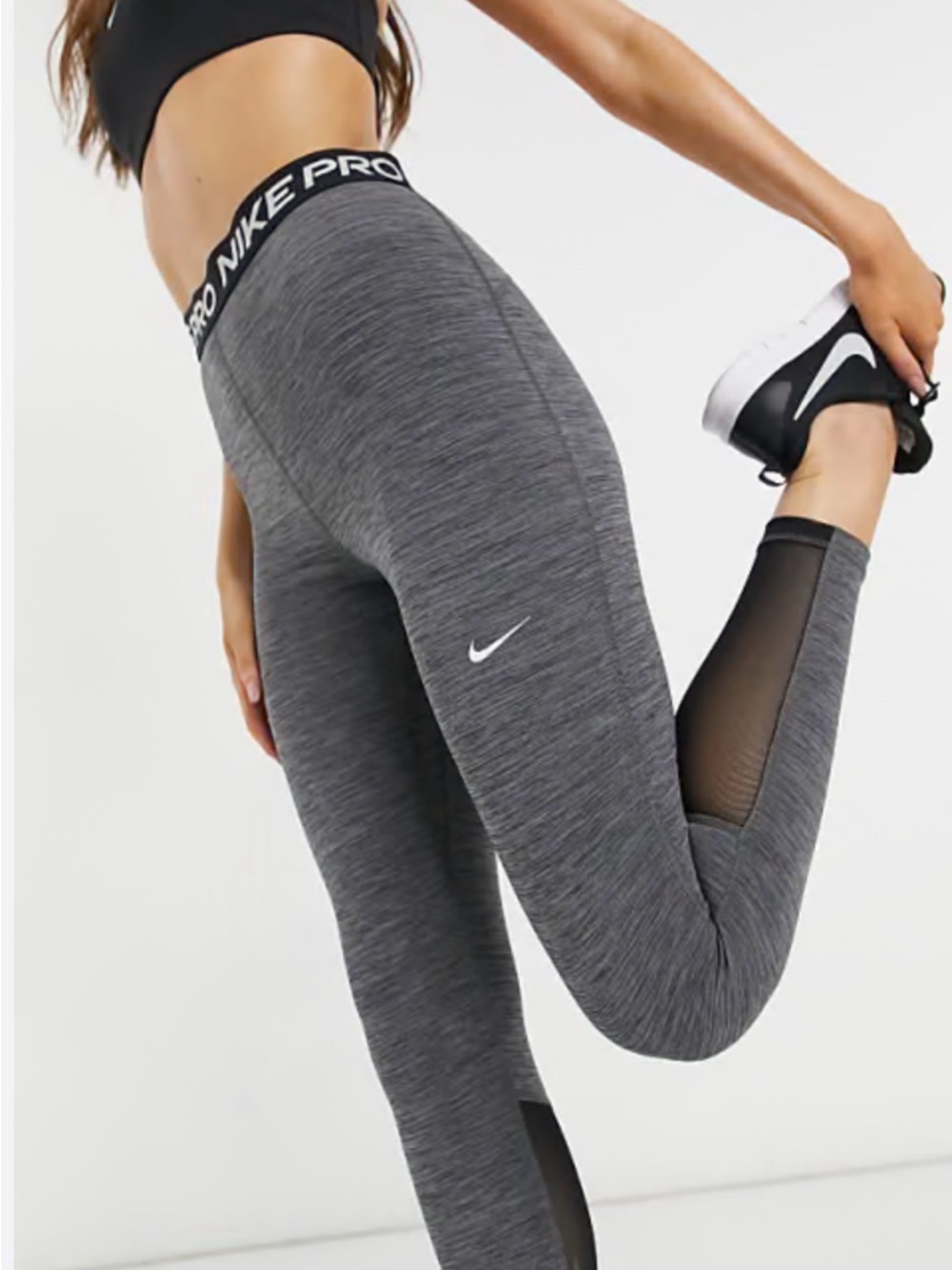 Nike Gray Heather Pro High-Rise Training Leggings with Mesh Insets